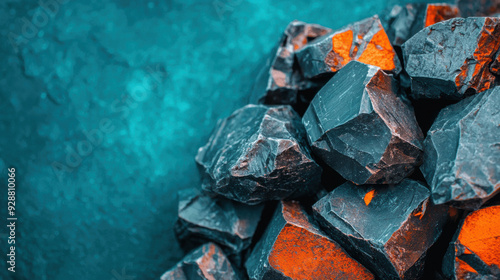 Close-up of rough black rocks with vibrant orange mineral highlights against a turquoise background, showcasing natural geological formations.