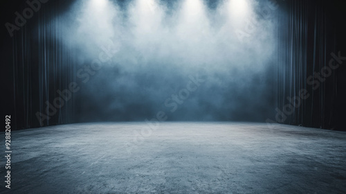 Empty dimly lit stage with curtains and spotlights creating a moody atmosphere. Ideal for theater, performance, and dramatic scene concept.