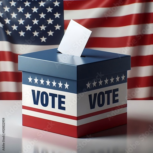 Ballot box with American flag design in front of a U.S. flag. Voting and elections concept for United States political campaigns