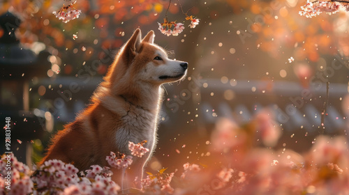 Akita Inu standing proudly in serene landscapes like traditional Japanese gardens or historic temples