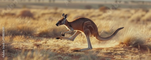 Energetic kangaroo hopping across the Australian outback, 4K hyperrealistic photo