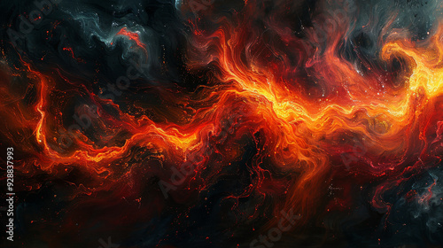 Surreal landscape in black and deep crimson, resembling an infernal abyss with dramatic contrasts and fiery tones