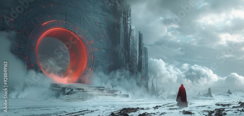 A solitary figure in a red cloak approaches a massive, circular, glowing portal amidst a snowy landscape with industrial structures.