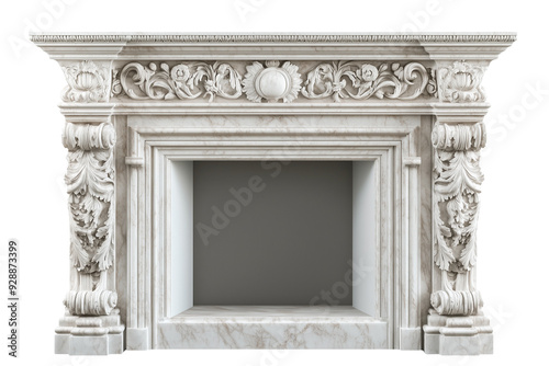 Classic Marble Fireplace Surround with Detailed Carvings - isolated on White Transparent Background, PNG 