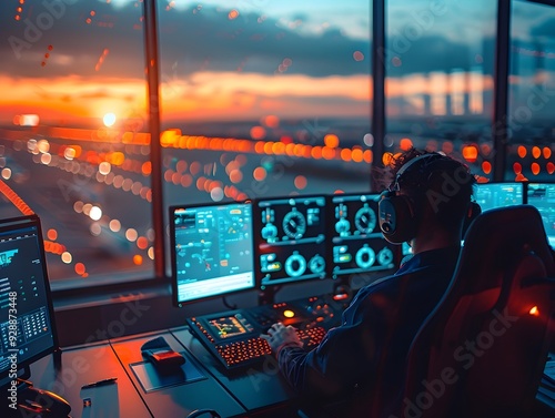 A Futuristic Air Traffic Control Center Managing a Busy Airspace with Advanced Aircraft