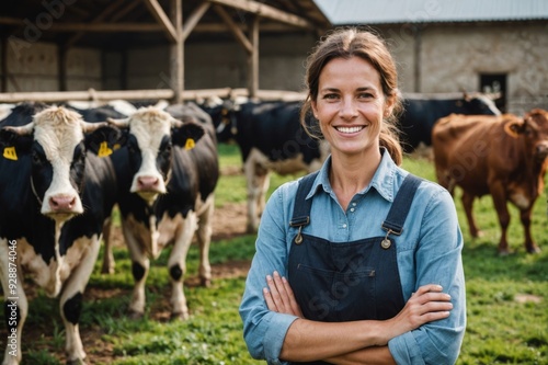 Smiling female proffesional farmer standing near cows at farm