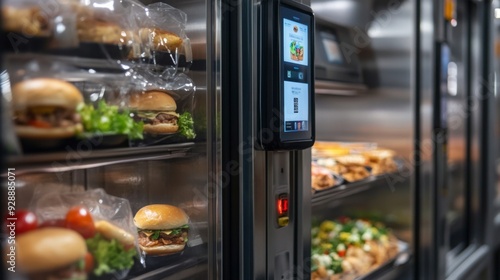 A vending machine displays a variety of fresh meals, including sandwiches and salads, appealing to busy city dwellers.