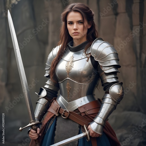 female knight in armor holding sword