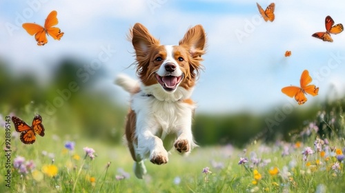 A joyful dog leaps through a field of flowers, vibrant butterflies fluttering around, capturing the essence of freedom and happiness.