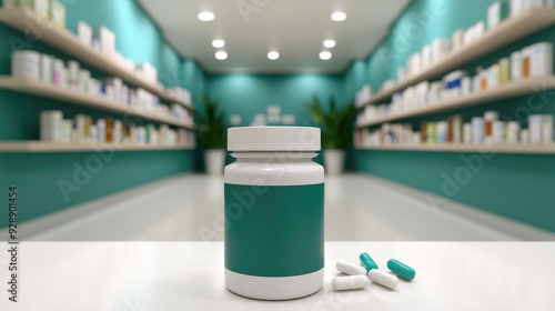 Prescription medication bottle in a modern pharmacy setting, vibrant teal walls, neatly organized shelves of pharmaceutical products, capsules resting on the counter.