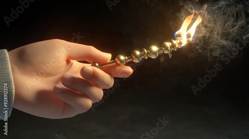 A hand holds a lit fuse, smoke and flames rising from the end. The background is dark.