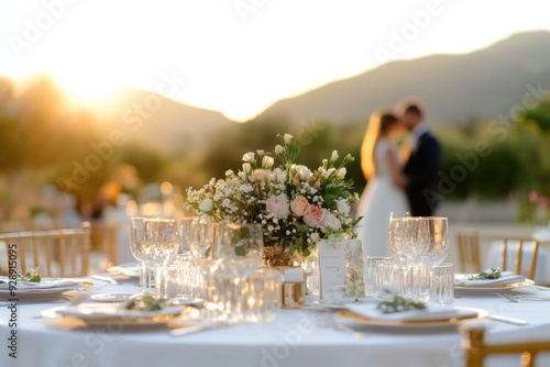 A romantic wedding setting at sunset, featuring elegant table decor and a couple in the background, perfect for celebration themes.