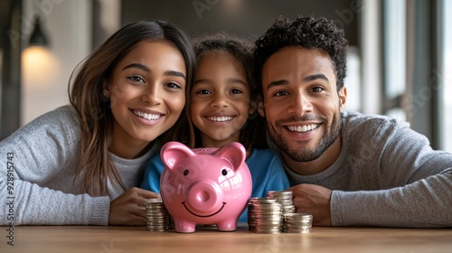 A family discussing their emergency savings plan at the kitchen table with a clear focus on setting aside money for unexpected expenses Stock Photo with copy space