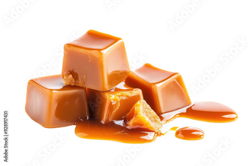 Close-up of delicious caramel cubes with dripping caramel sauce, highlighting their rich and indulgent texture. Perfect for confectionery themes.