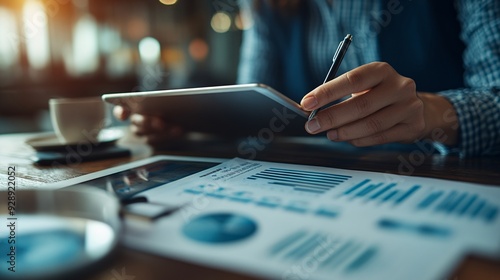 A person reviewing their credit report on a tablet making notes on areas that need improvement Stock Photo with copy space