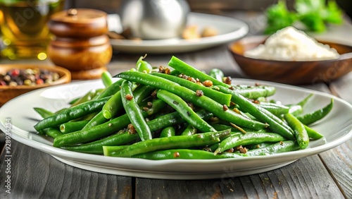 Freshly cooked green beans, steaming hot and seasoned with salt and pepper, are artfully arranged on a white ceramic plate against a blurred background.