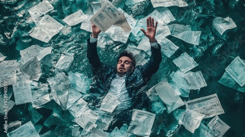 A man in suit appears overwhelmed, submerged in water surrounded by floating papers, expressing sense of despair and helplessness. 