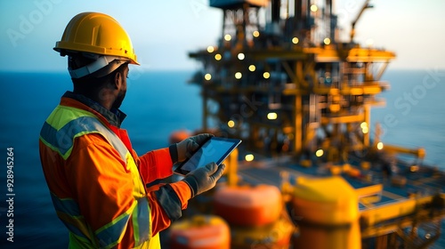 Close-up of an oil rig worker in safety gear, checking systems on a tablet, with the towering rig and vast ocean stretching out behind