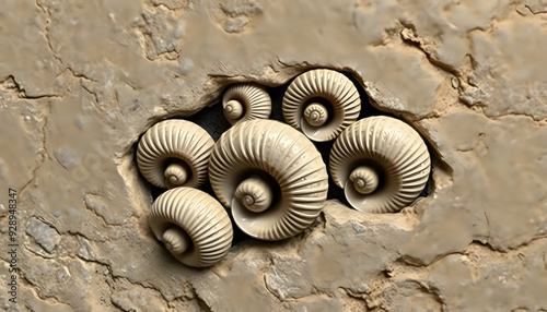 Group of fossilized bivalve mollusks embedded in a stone surface isolated with white highlights, png