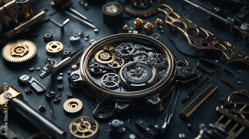 Close-up view of mechanical watch gears and components arranged on a dark surface.