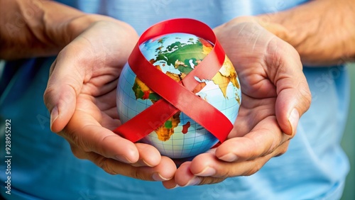 Hands holding a globe with a red ribbon wrapped around it, symbolizing global support and awareness for hepatitis prevention and treatment on World Hepatitis Day.