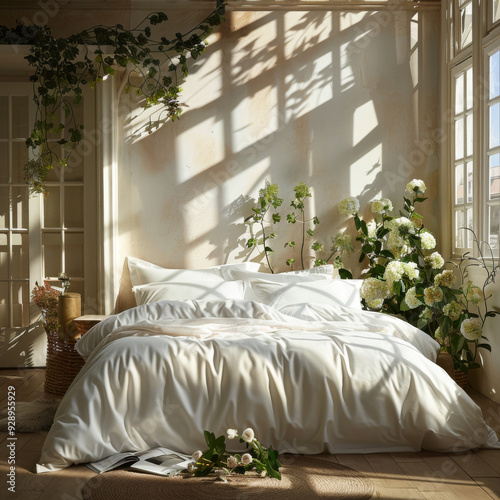 A bright, tastefully designed bedroom bathed in warm sunlight, featuring a white duvet cover and matching pillow shams. The space feels serene and inviting, with soft, natural light enhancing the cris