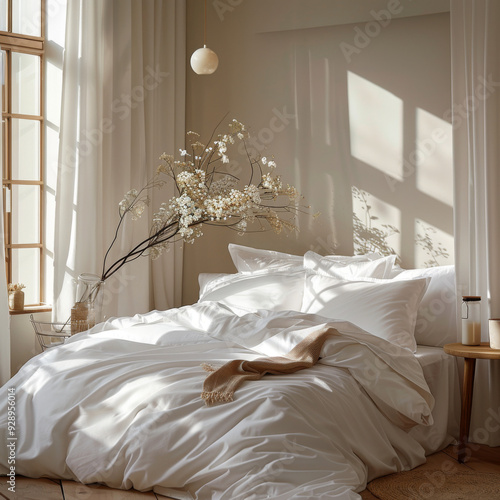 A bright, tastefully designed bedroom bathed in warm sunlight, featuring a white duvet cover and matching pillow shams. The space feels serene and inviting, with soft, natural light enhancing the cris