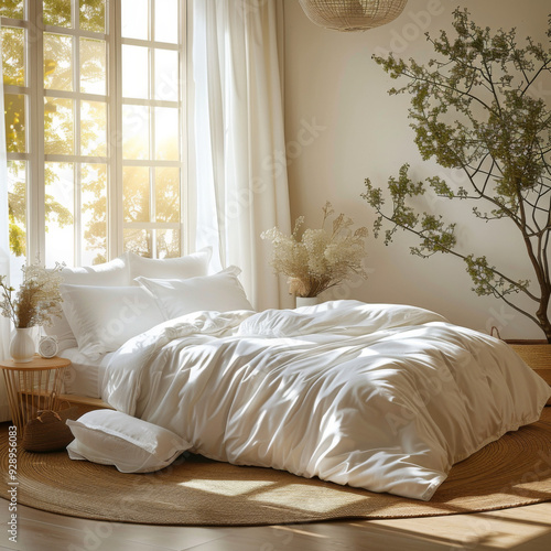 A bright, tastefully designed bedroom bathed in warm sunlight, featuring a white duvet cover and matching pillow shams. The space feels serene and inviting, with soft, natural light enhancing the cris