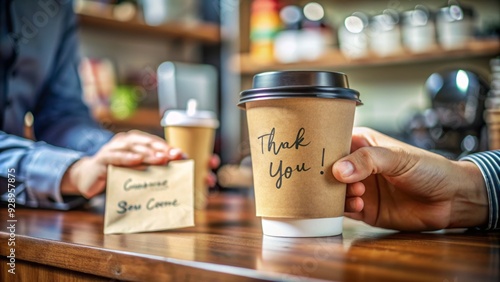 Heartwarming scene of a gentle hand placing a sweet handwritten note on a takeaway coffee cup, conveying appreciation and warmth to customers.