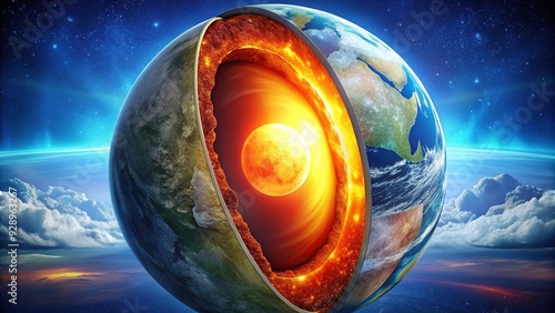 Illuminated cutaway illustration of the Earth's internal structure, showcasing crust, mantle, outer core, and inner core, with vibrant colors and detailed textures.