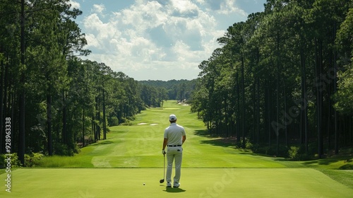 A golfer standing on a tee box with a driver, ready to take the first shot of the round.