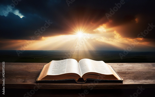 open bible on cloudy sky background concept religion