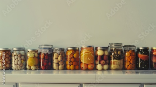 A row of colorful jars containing various preserved fruits and vegetables, neatly displayed on a white shelf.