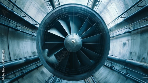 A massive industrial fan seen from the front, centered within a cylindrical tunnel, highlighting the precision of engineering and meticulous details of the blades.