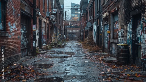 Abandoned alleyway with overgrown debris in a cityscape during overcast weather