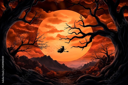 A witch flying over a pagan landscape on her broomstick