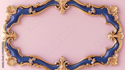 Elegant 3D Sapphire Blue and Gold Regency Frame on Soft Pink Background, Vector Illustration with Ornate Design