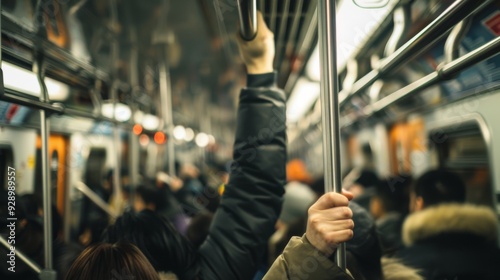 An urban commuter scene in a crowded subway car, focused on passengers holding overhead handles, capturing the essence of city life.