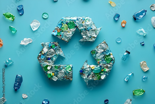 Colorful collection of recycled plastic waste arranged in a recycling symbol on a vibrant blue background.