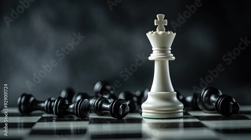 A dramatic close-up of a white chess king standing tall among fallen black pawns on a chessboard, symbolizing victory and dominance