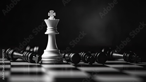 A dramatic close-up of a white chess king standing tall among fallen black pawns on a chessboard, symbolizing victory and dominance