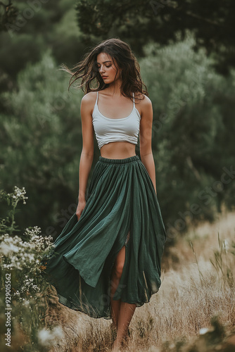 A beautiful woman in a tank top and maxi skirt stands gracefully in a full-body shot, showcasing effortless summer fashion