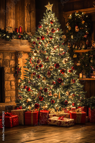 A festive Christmas background features a beautifully decorated tree, adorned with shimmering ornaments, twinkling lights, and colorful garlands