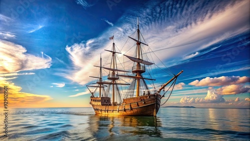 A close-up image of a replica Mayflower ship sailing on the ocean, Mayflower, ship, sailing, ocean, historic, replica