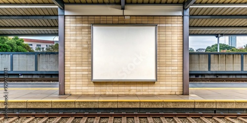 Blank square canvas poster billboard at a railway station wall , advertising, marketing, mockup, blank, canvas, poster