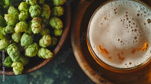 A detailed macro shot of hops in a wooden bowl, with a glass of pale ale craft beer beside it, highlighting the ingredients that contribute to the beer's flavor