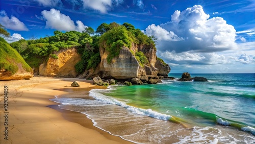 Puerto Rico Aguadilla survival beach caves with big rocks formation on the Caribbean coast northwest side