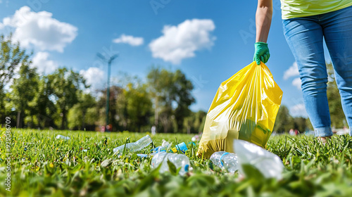 close-up of a community cleanup event, with volunteers collecting trash in a park