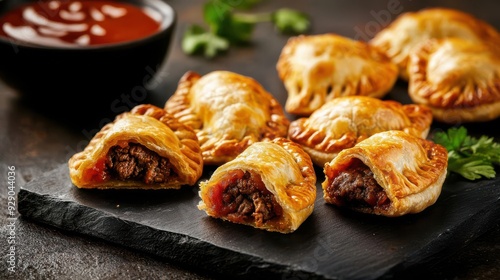 Argentinian empanadas filled with beef and spices, street food delicacy, golden and crispy