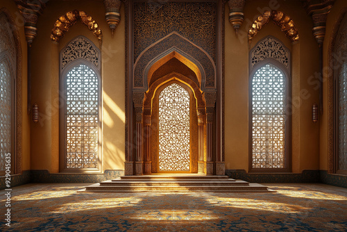 Interior of a mosque with decorated patterns, nobody.